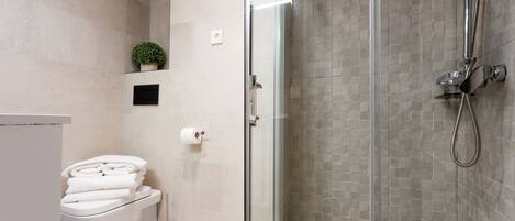 A modern bathroom with a glass-enclosed shower, a toilet, and a small potted plant on the wall.