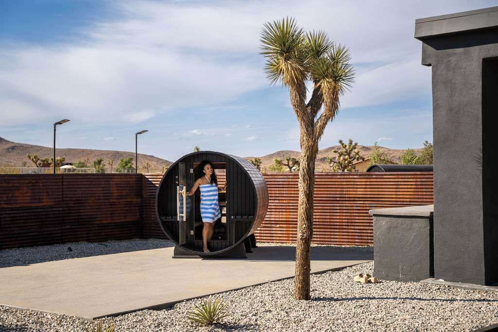 A modern building with a circular structure, a palm tree, and a desert landscape in the background.