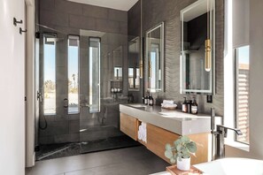 Bathtub, hair dryer, towels, shampoo