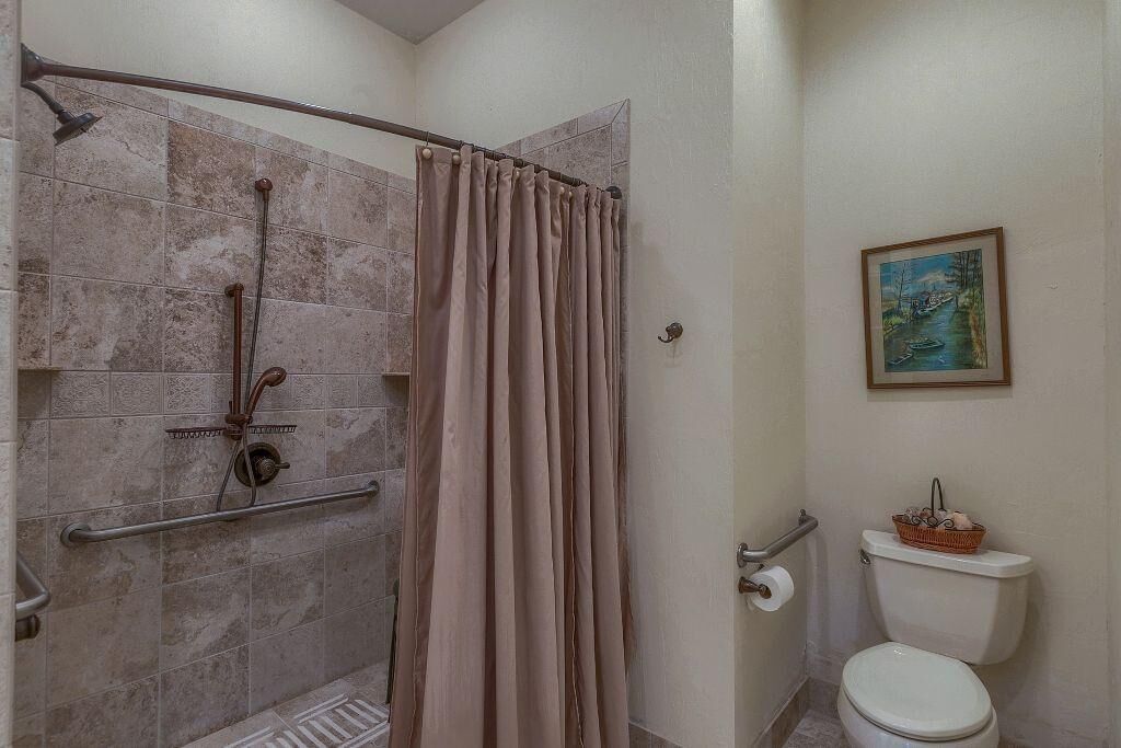 Un baño con ducha, inodoro y un cuadro en la pared.