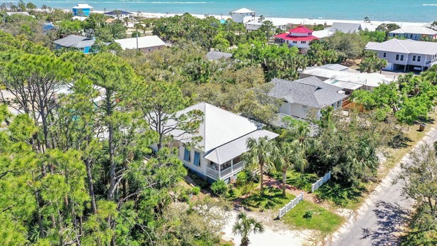 Vista aérea de una zona residencial costera con casas, abundante vegetación y una playa al fondo.