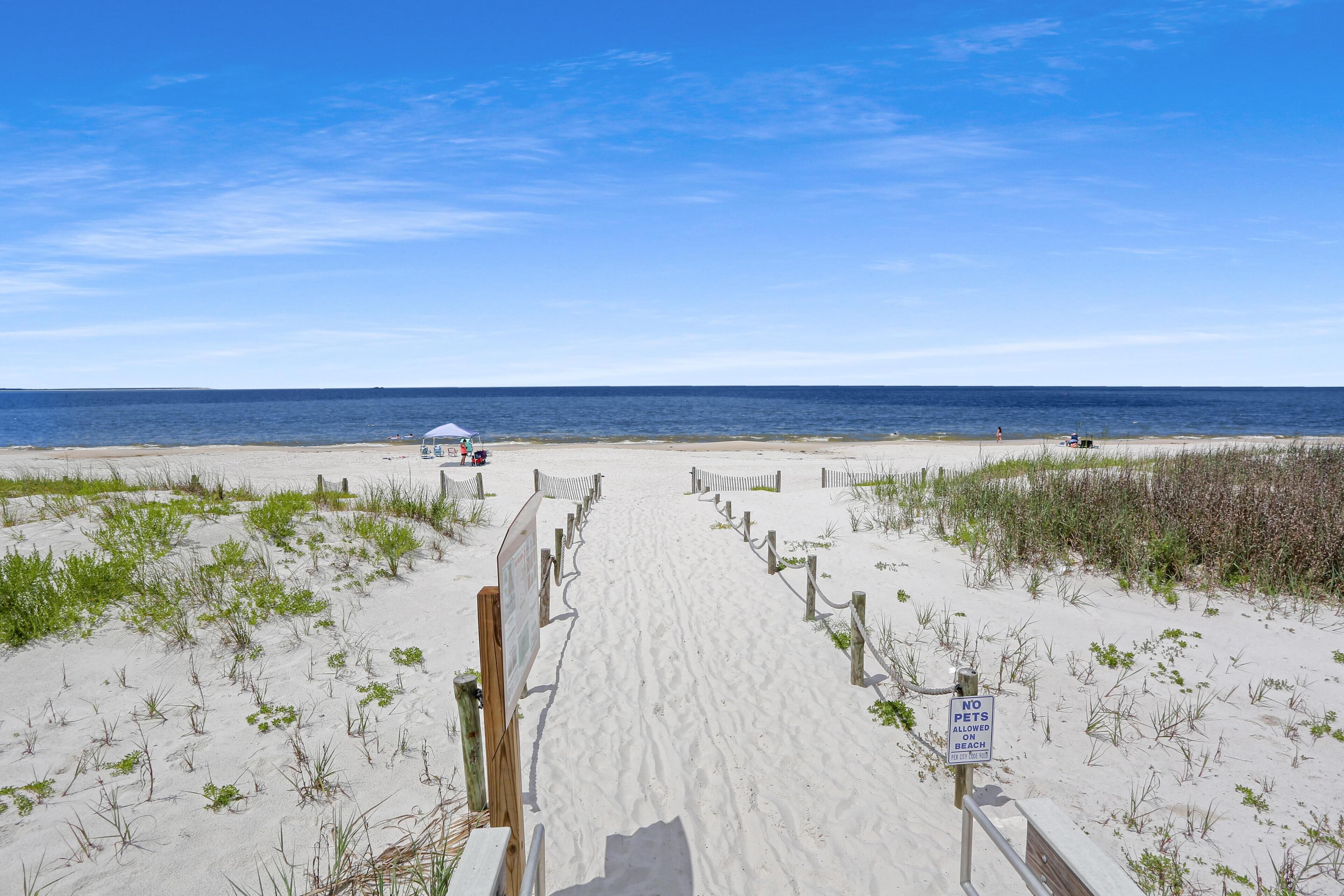A sandy beach path leading to the ocean with a 'No Pets Allowed' sign.
