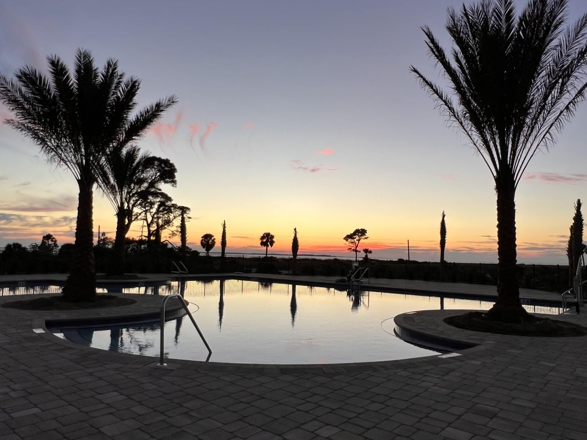 A serene pool area with palm trees and a sunset view.