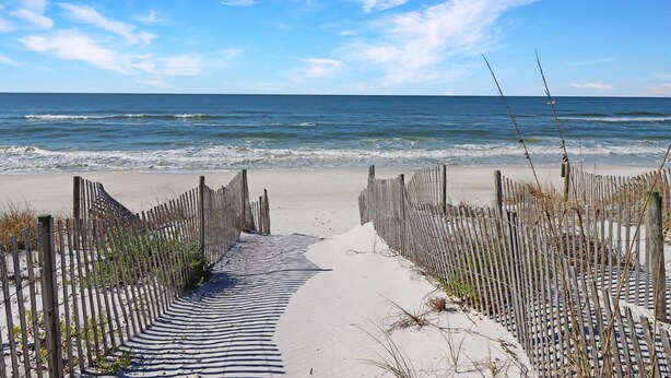 A sandy beach path leading to the ocean, bordered by wooden fences. - Sea Joy (Port St. Joe)