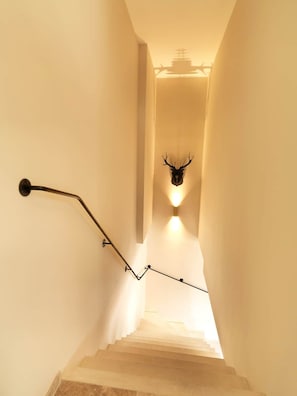 A staircase with a wall-mounted deer head light fixture at the top.