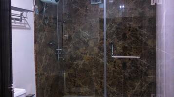 Shower, rainfall showerhead, hair dryer, towels