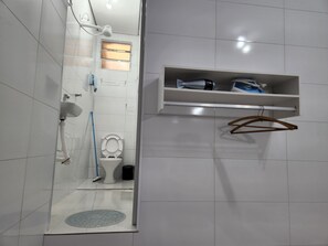 Hair dryer, towels, soap, toilet paper