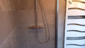 Shower, hair dryer, toilet paper