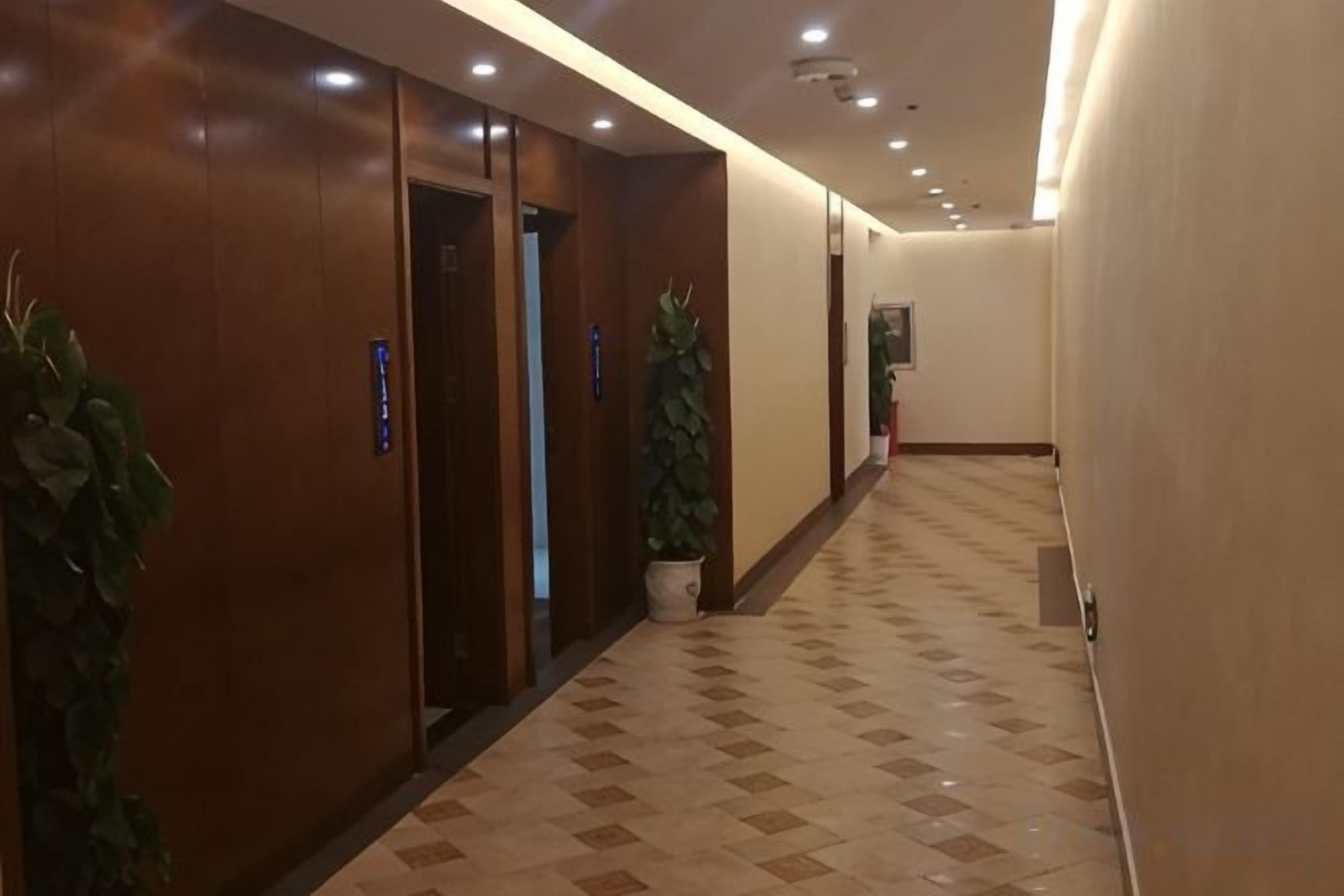 A hotel corridor with wooden doors, potted plants, and a tiled floor.