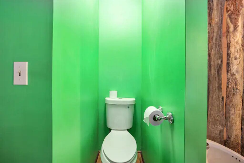 Ein Badezimmer mit grüner Wand, einer weißen Toilette und einer Holzwand.