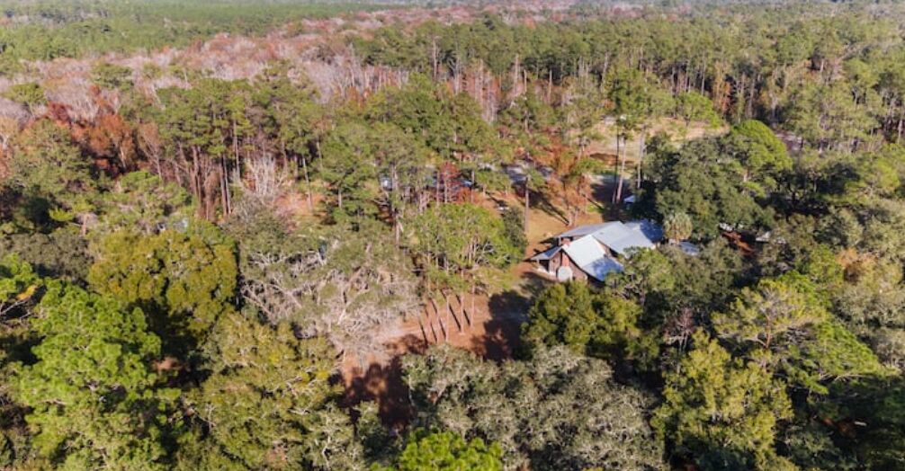 Une vue aérienne d’une zone boisée, avec un petit bâtiment entouré d’arbres.