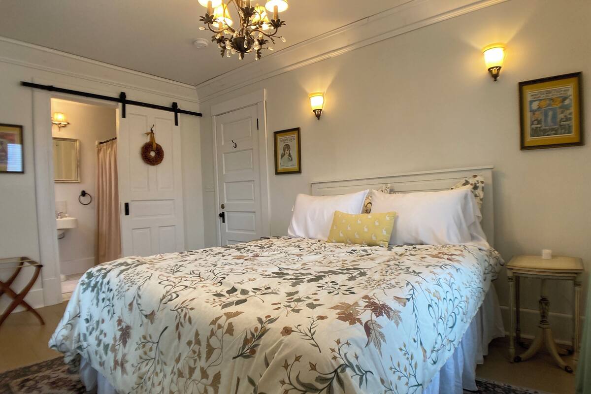 Une chambre à coucher avec un grand lit, un lustre, une porte et une table de chevet.