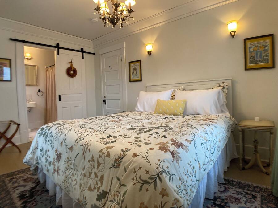 A bedroom with a large bed, a chandelier, a door, and a nightstand.