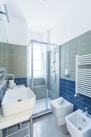 Regadera, secadora de cabello, bidet, toallas 