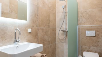 Shower, rainfall showerhead, hair dryer, slippers