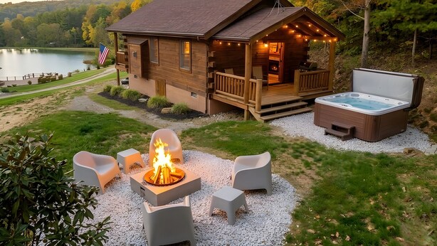 A cabin with a deck, a hot tub, and a fire pit.