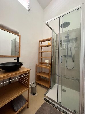 Shower, hair dryer, towels