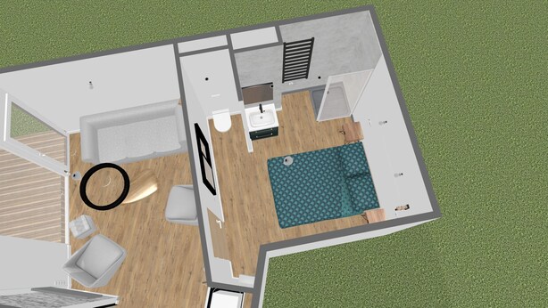 Plano de planta en 2D de una habitación de hotel con cama, un escritorio pequeño, una silla, una mesa redonda y una zona de piscina.