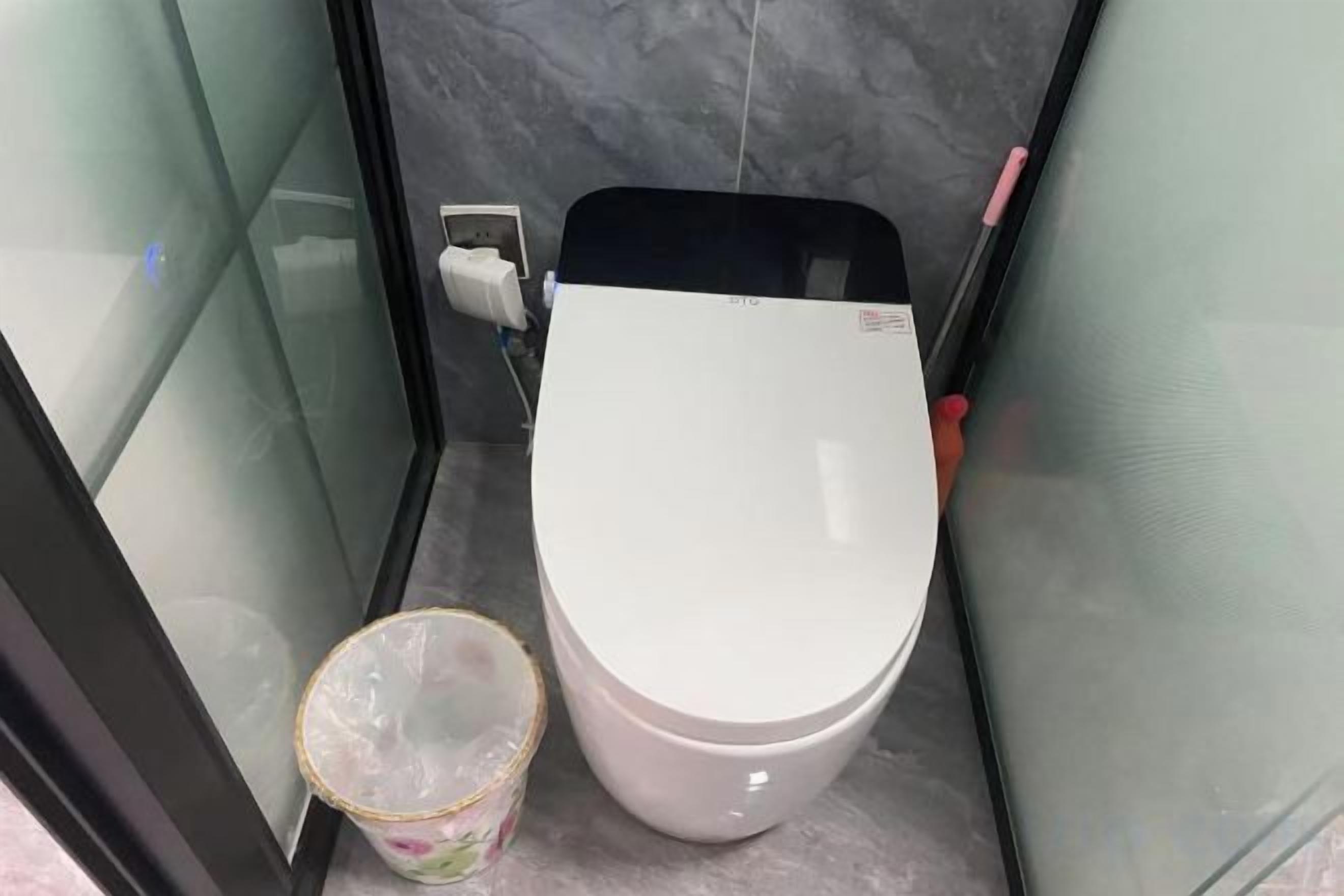 A bathroom with a white toilet, a glass partition, and a marble wall.