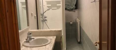 A narrow bathroom with a marble sink, a mirror, a shower, and a toilet.