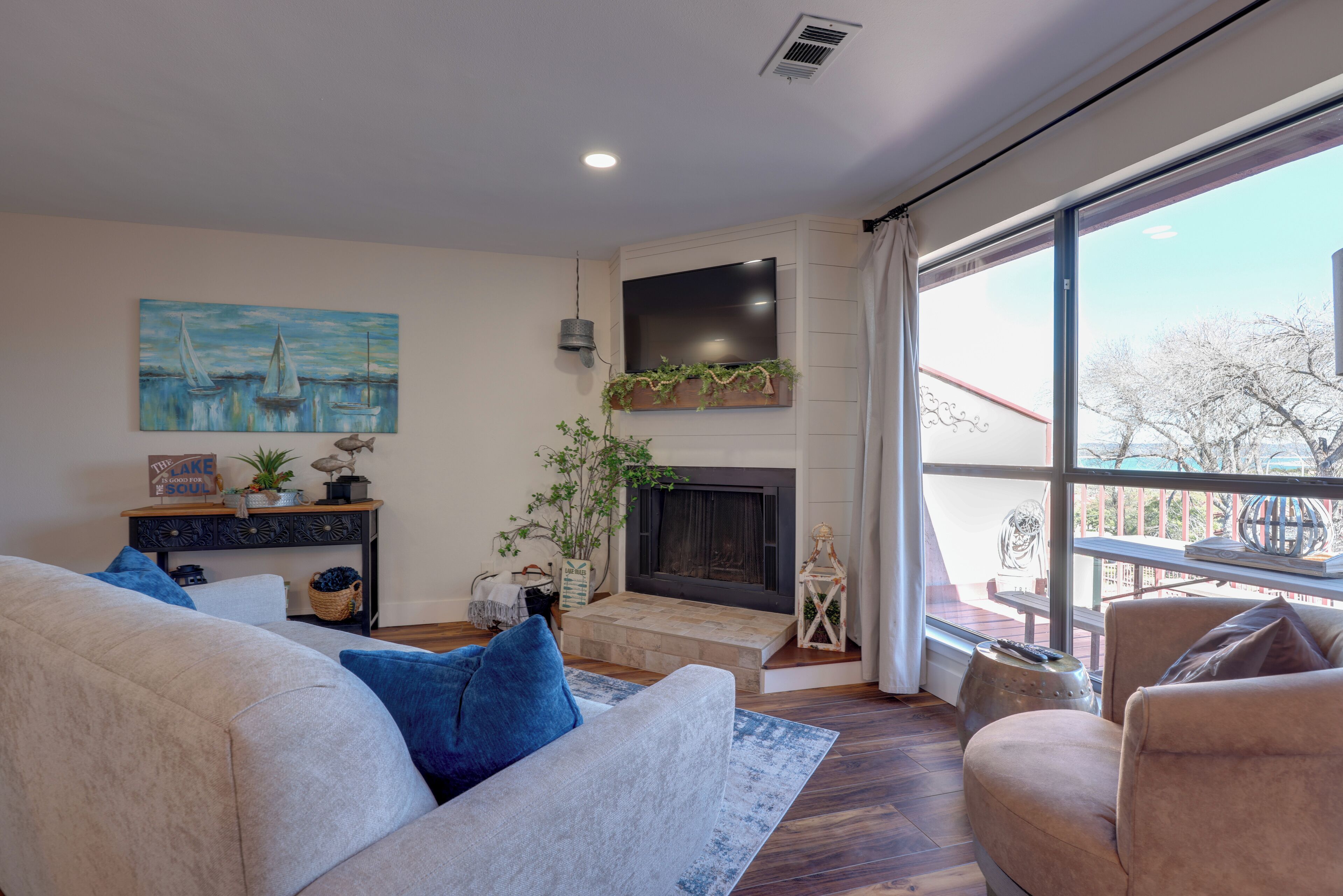 TV, fireplace, books