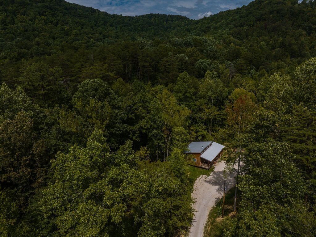 Une cabane entourée d’une forêt dense, avec un chemin de gravier menant à celle-ci.