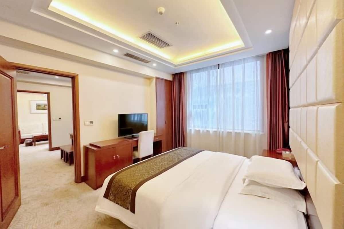 A hotel room with a bed, a TV, a desk, and a mirror.