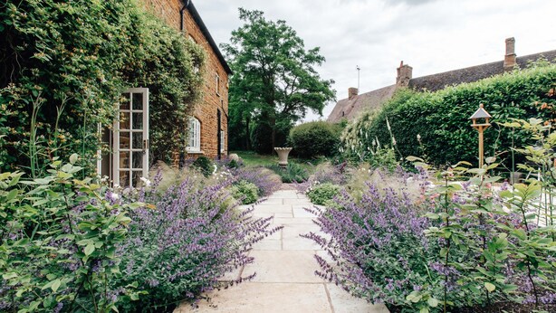 A garden pathway flanked by purple flowers leading to a brick building with a large window and a door. - Georgian Old Rectory with heated Pool
82  5 Star Reviews on Trip Advisor (Maidford, Towcester)
