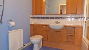 Shower, hair dryer, towels, toilet paper