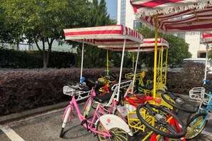 A row of bicycles with attached seats and handlebars, each with a canopy overhead. - Tangxi Hot Spring Resort (Chongren)