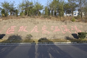 A large rock with Chinese characters painted on it, surrounded by trees and a road.