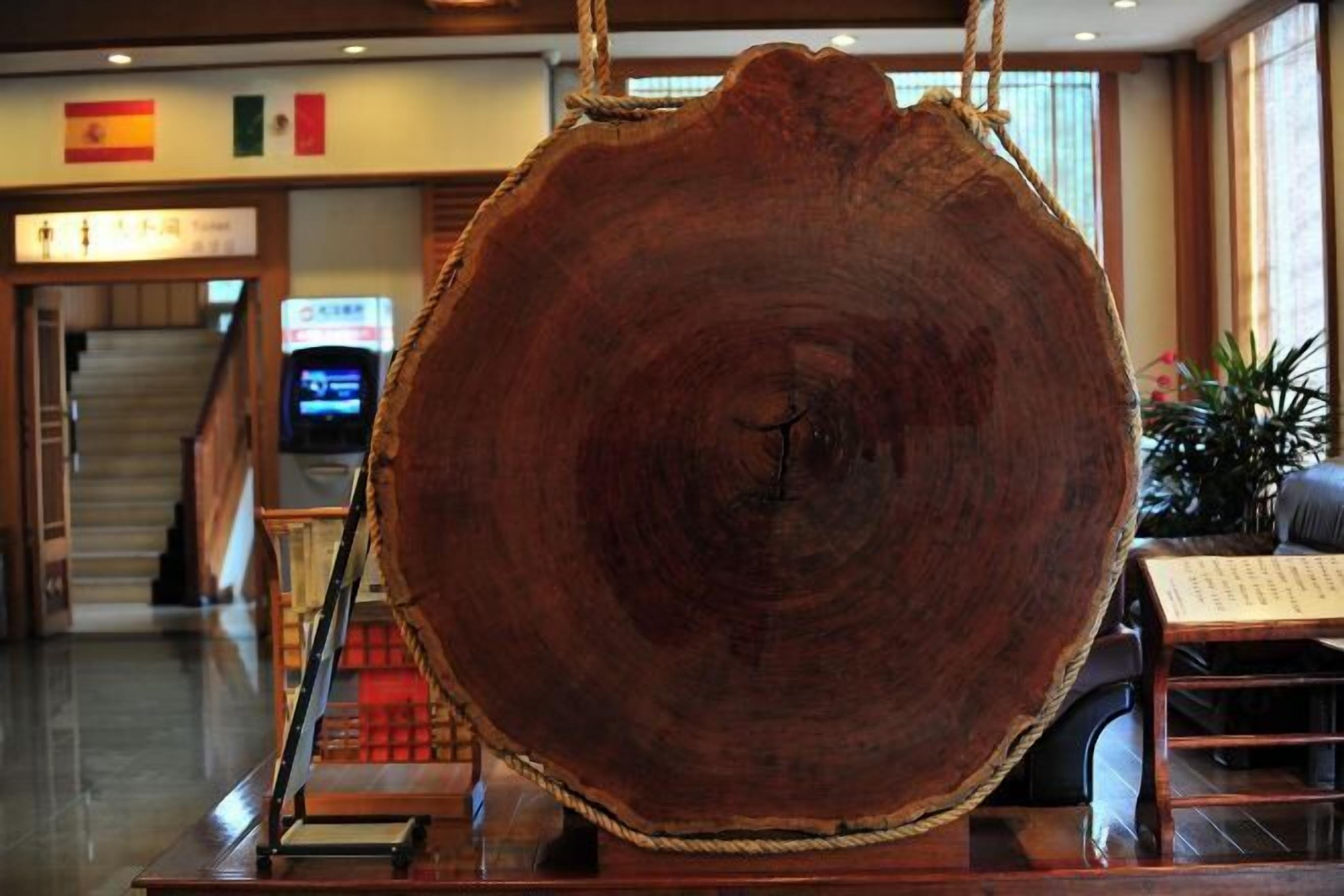 A large wooden log centerpiece in a lobby with a staircase in the background.