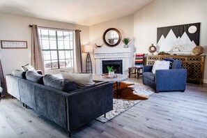 Smart TV, fireplace, books, video library