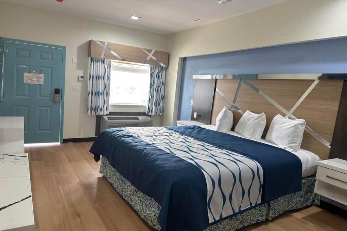 Una camera d'albergo con un letto, una scrivania, una porta blu e una finestra con tende.