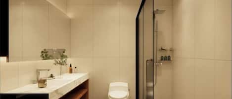 A modern bathroom with a large mirror, a white toilet, a shower area, and a vanity with a marble countertop.