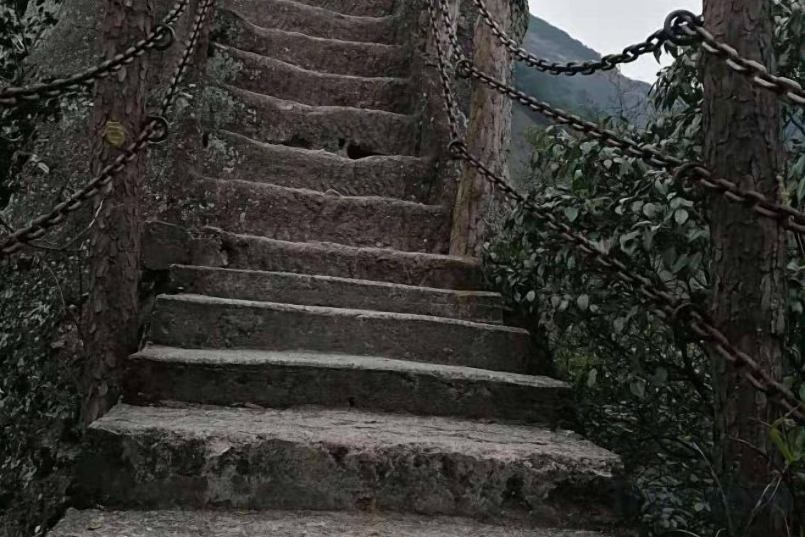 A set of stone steps leading up a mountain path, surrounded by chains and vegetation.