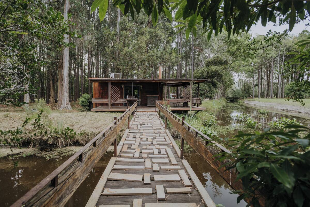 A wooden bridge leading to a rustic cabin in a forested area with a pond.
