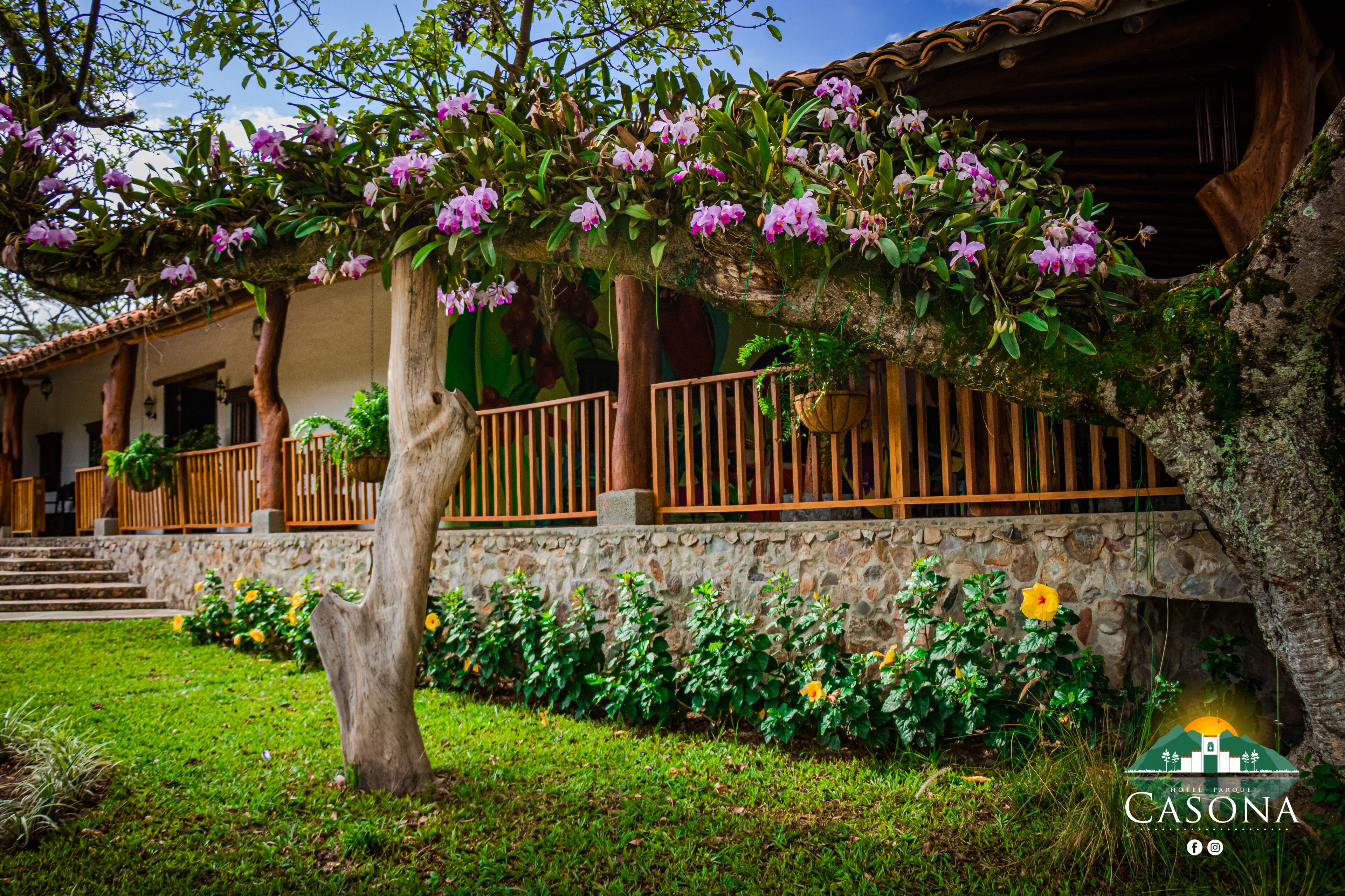 A traditional building with a stone facade, wooden railings, and a lush garden with purple flowers.