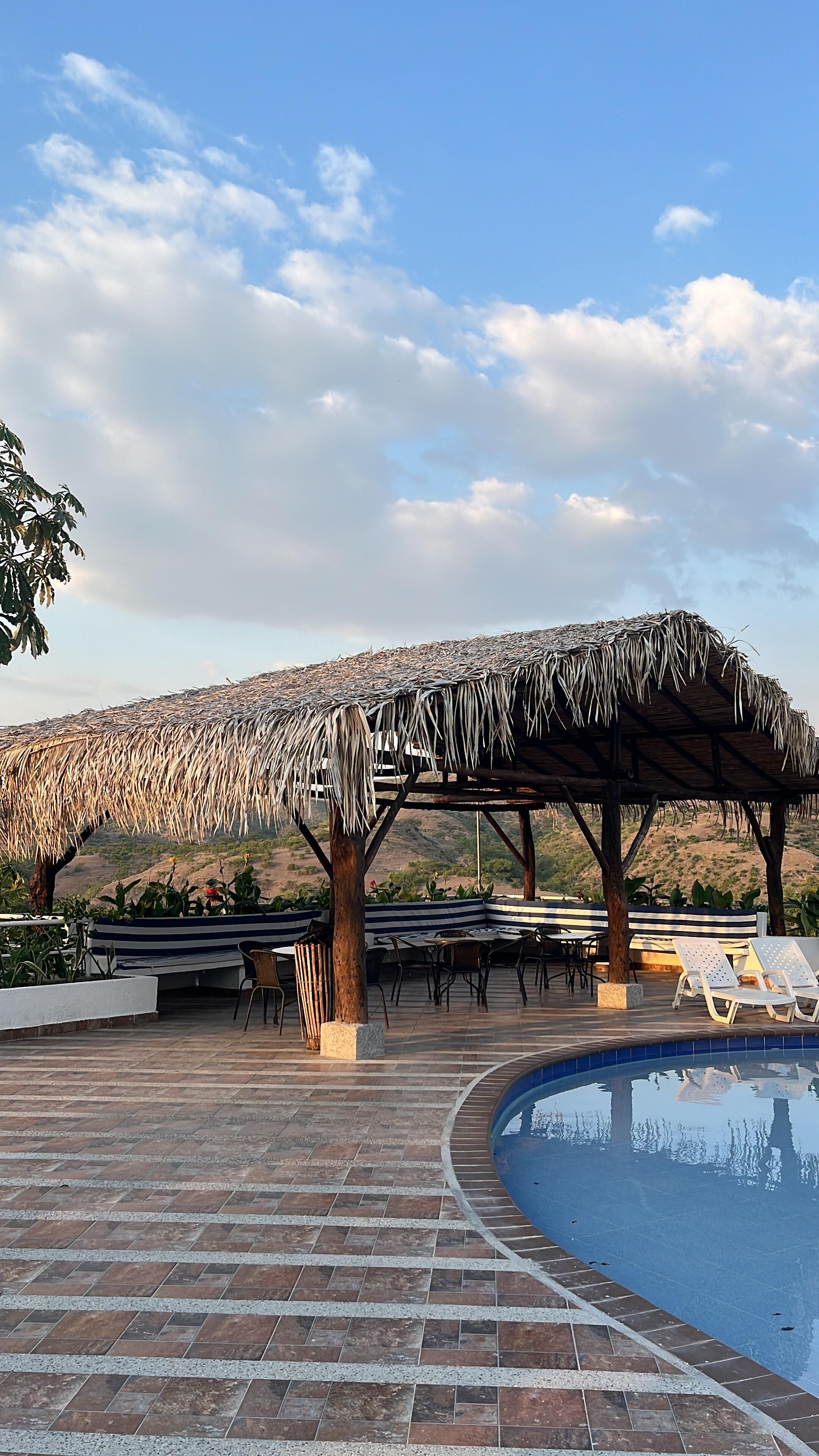 A pool area with a thatched roof structure, lounge chairs, and a tiled deck.