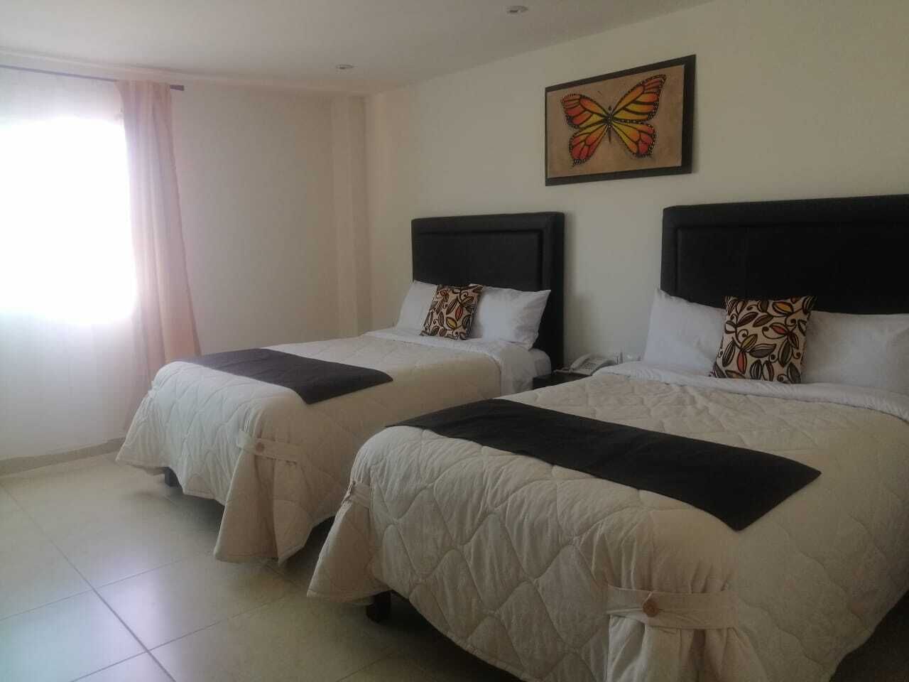 A hotel room with two beds, a window with curtains, and a butterfly painting on the wall.