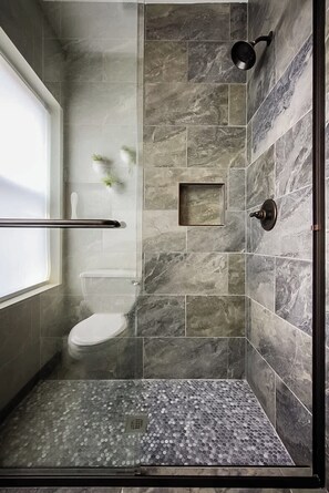 Shower, hair dryer, shampoo