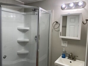 Hair dryer, towels, soap