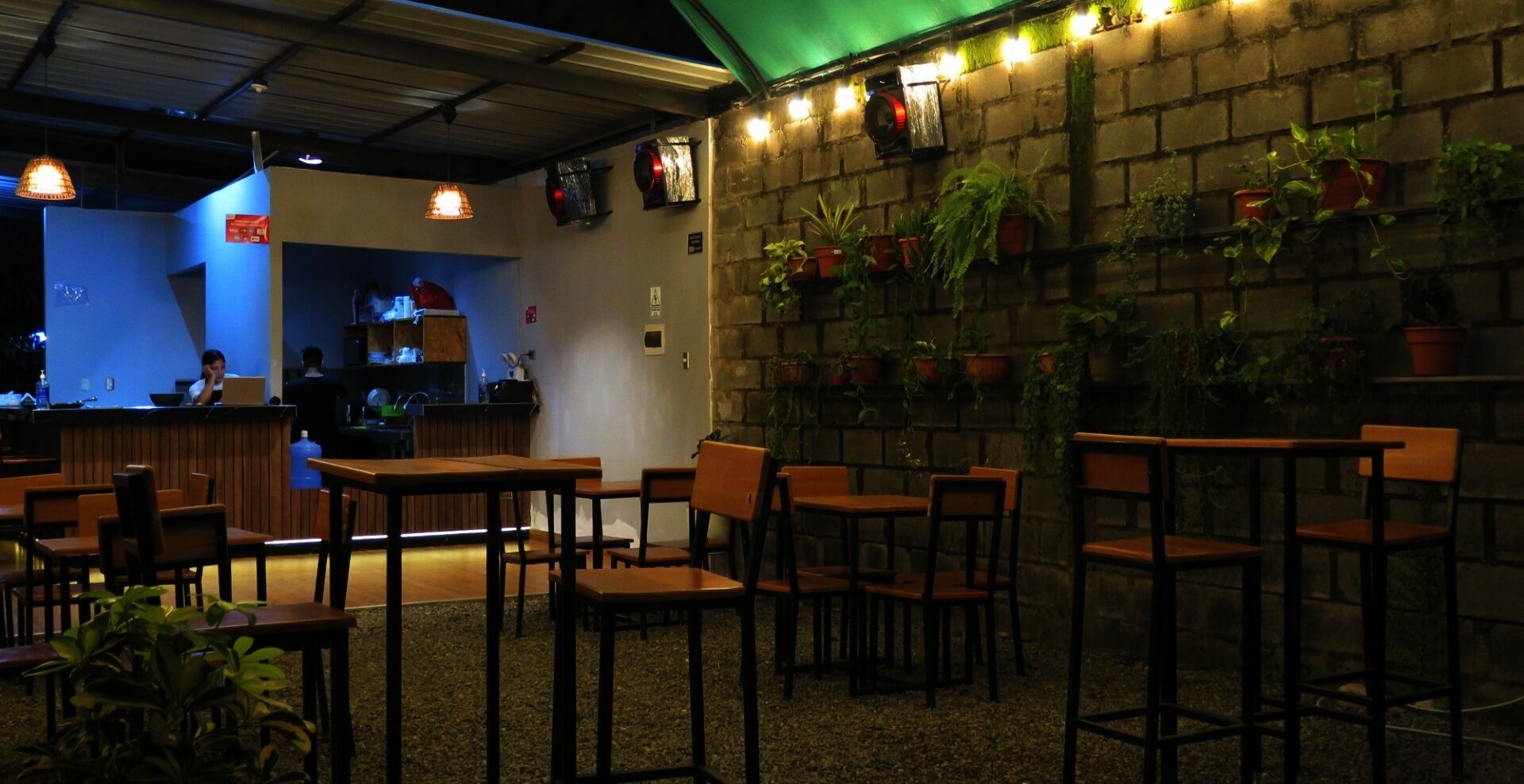 A restaurant with wooden tables and chairs, a kitchen area in the background, and potted plants on the walls.