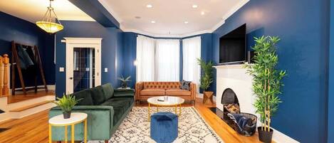 TV, lareira, livros, escritórios