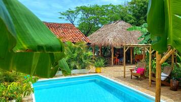 Alberca al aire libre, acceso de 08:00 a 22:00, y camastros