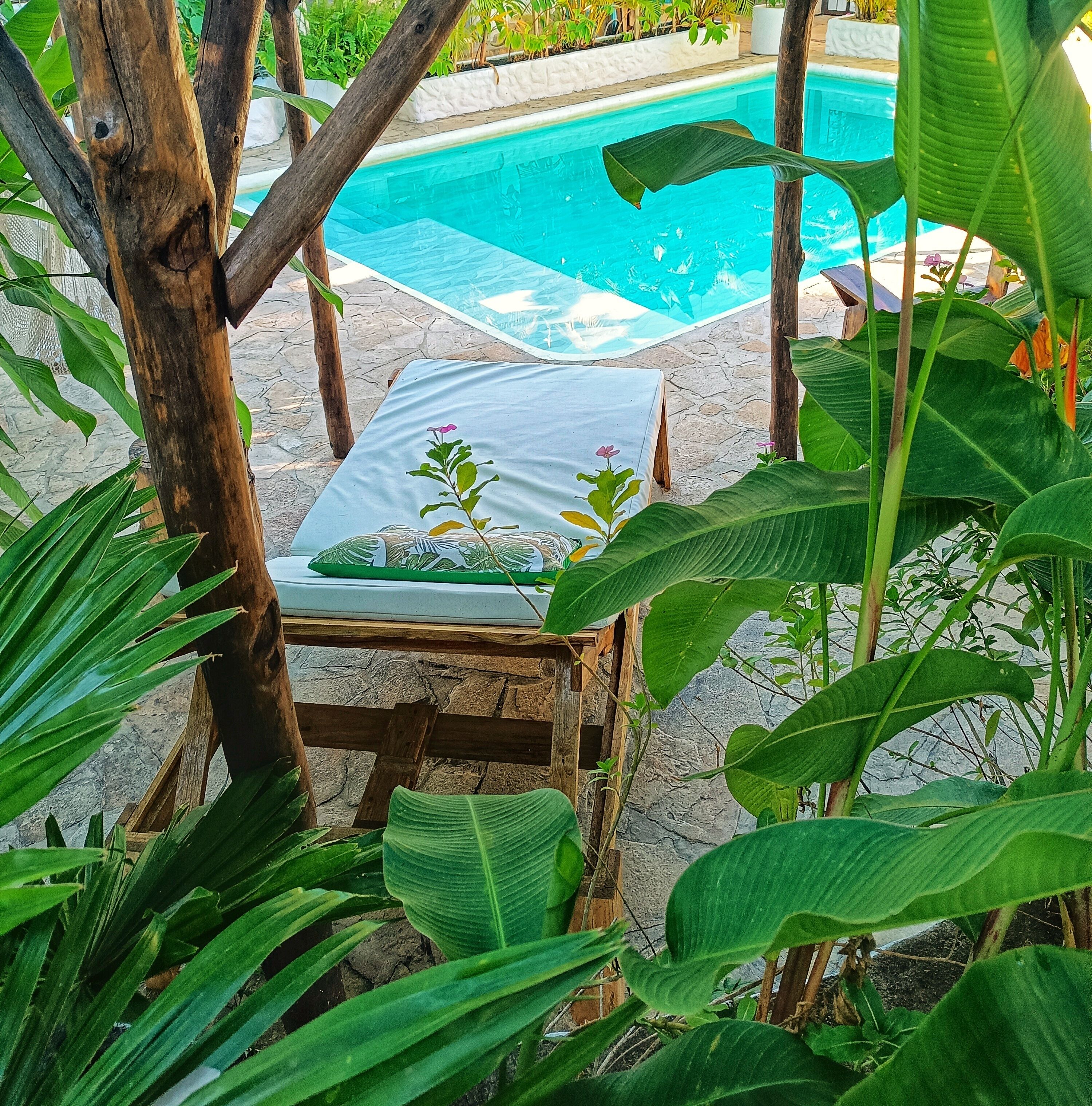 A poolside area with a lounge chair, surrounded by lush greenery and a stone pathway.