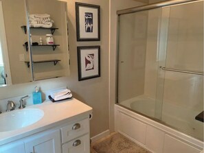 Sèche-cheveux, serviettes fournies, savon, shampoing