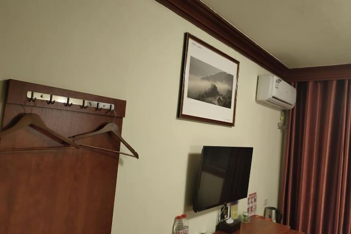 Quarto com cabideiro de madeira, quadro pendurado na parede, televisão montada e aparelho de ar condicionado.