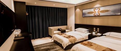 A hotel room with two beds, a desk, a chair, a large painting, and a dark curtain.