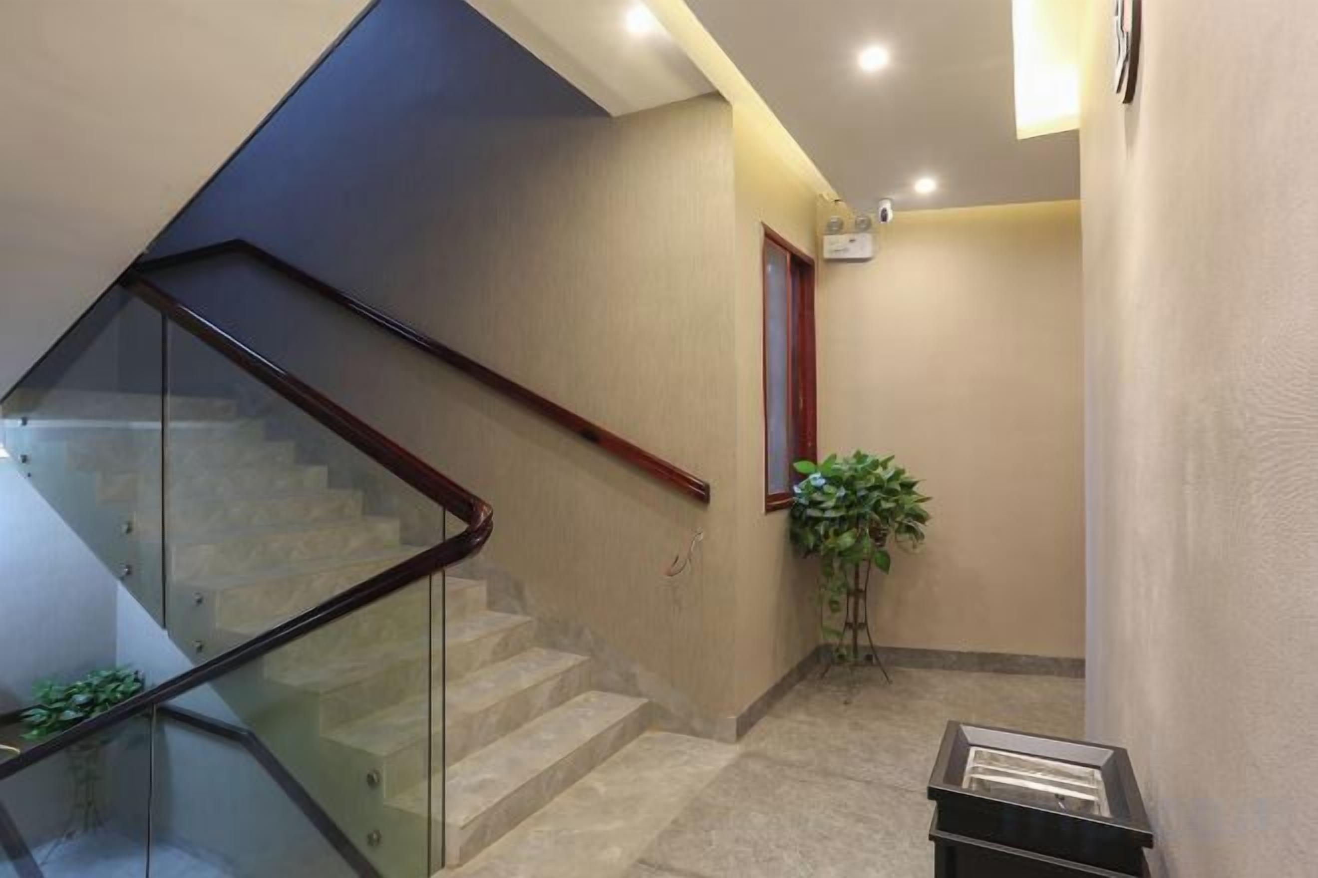 L’intérieur d’un hôtel avec un escalier en verre, une plante et un comptoir d’accueil.